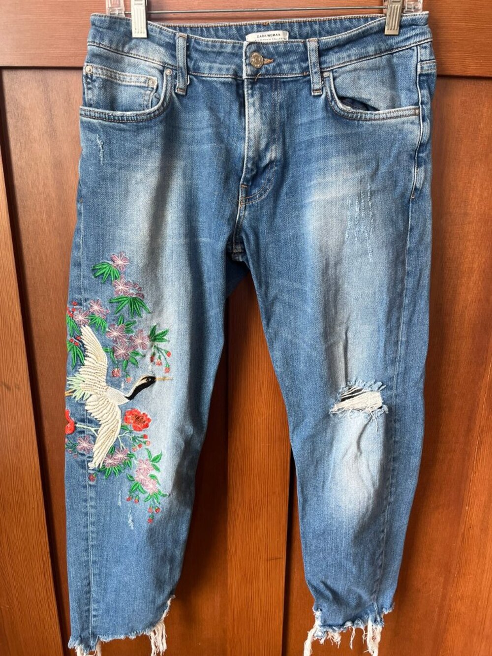 Zara Woman Denim Jeans Crane Embroidered Boho Chic Y2K Coastal Cowgirl Size 6